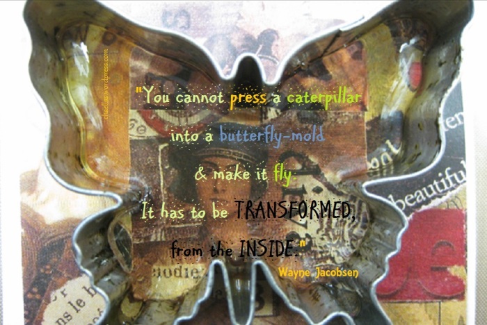 “You cannot press a caterpillar into a butterfly-mold and make it fly. It has to be transformed, from the INSIDE.” ,  by Wayne Jacobsen